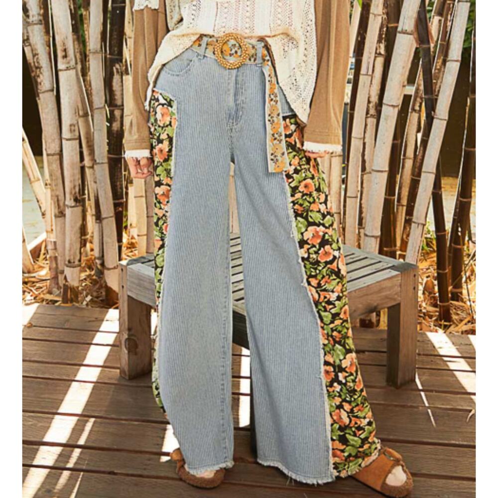 POL Striped Denim/Floral Wide Pants - Picture 1 of 1